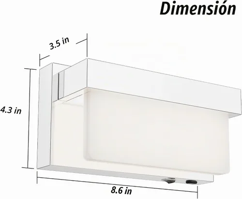 Vista 2 de Aplique de pared de batería cromado con interruptor de encendido/apagado, lámpara de pared LED de 8 pulgadas, pantalla acrílica, lámpara de pared