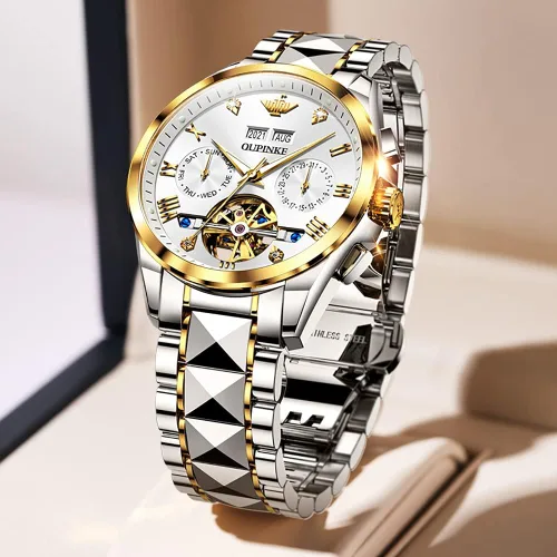 Vista 4 de OLEVS Relojes mecánicos automáticos de esqueleto para hombre, 5ATM, impermeable, tungsteno, acero inoxidable, cuerda automática, relojes de pulsera