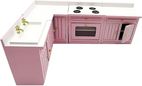 Vista 7 de Accesorios de decoración de casa de muñecas, casa de muñecas 1:12, muebles en miniatura, juego de gabinetes de cocina de madera combinados Rosa