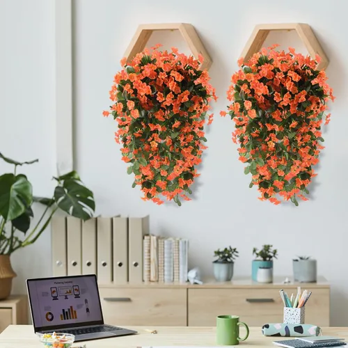 Vista 3 de Flores artificiales colgantes falsas para decoración de otoño al aire libre, 2 piezas de seda sintética violeta, aspecto resistente a los rayos UV A