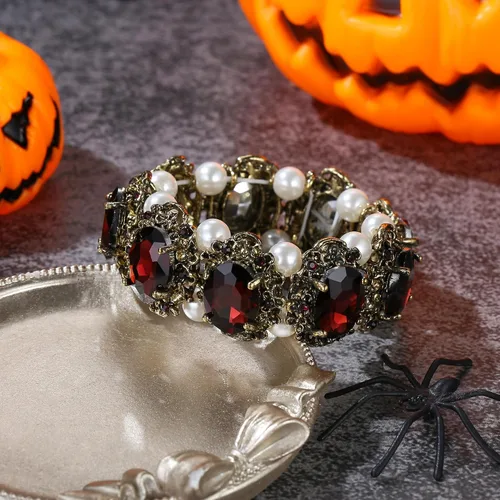 Vista 5 de BriLove Pulsera elástica ovalada inspirada en camafeo con perlas de imitación de cristal de estilo victoriano