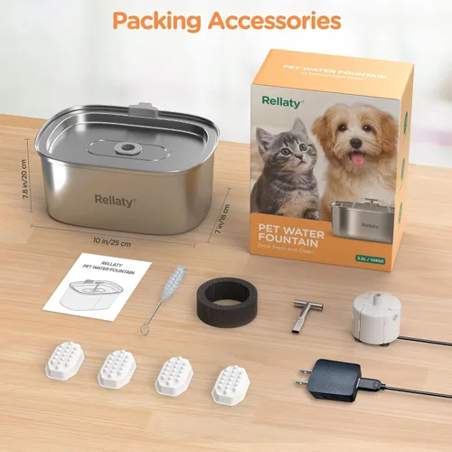 Vista 9 de Fuente de agua para gatos de acero inoxidable: fuente para mascotas de 3.2L/108 onzas, dispensador de agua para perros, suministros de alimentación