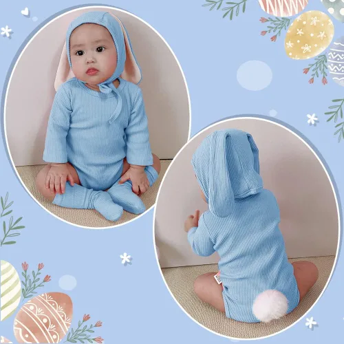 Vista 4 de Xifamniy Traje de conejo de Pascua para bebé, mameluco con orejas de conejo 3D para bebé recién nacido, Azul