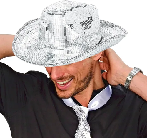 Vista 4 de Sombrero de vaquero de bola de disco para hombres y mujeres, con purpurina brillante, color plateado, sombrero de vaquera con espejo