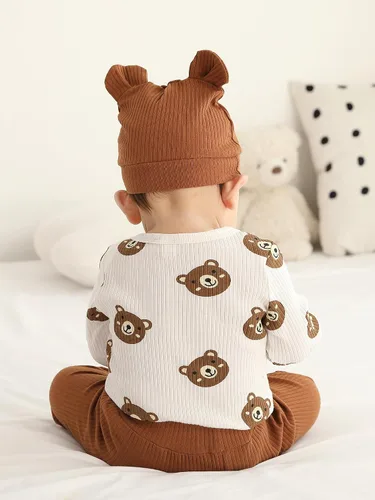 Vista 5 de Conjunto de 3 piezas de ropa de bebé recién nacido con estampado de manga larga + pantalones + sombrero