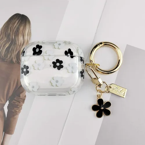 Vista 5 de Funda compatible con AirPods 3 2021, TPU suave con bonito patrón de flores para AirPods de 3ª generación con llavero de flores y mosquetón para Negro