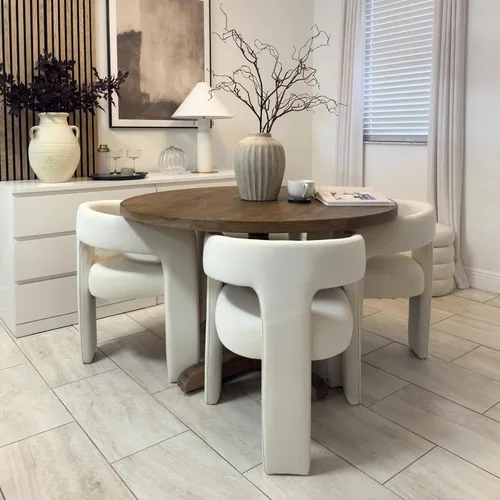 Vista 16 de Silla moderna de comedor en barril, silla de cocina acentuada tapizada en cuero sintético con brazos, silla lateral cómoda para sala de blanco