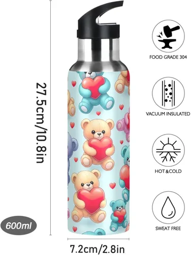 Vista 9 de Insulated Water Bottle 32 Oz, BPA-Free Sports Water Bottle with Straw for Gym Outdoor Travel School, Cute Bears Red Hearts