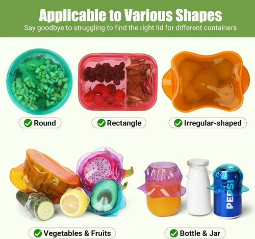 Vista 2 de Tapas elásticas de silicona para almacenamiento de alimentos en el refrigerador, fundas elásticas reutilizables para tazas, latas, tarros