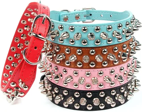 Vista 46 de Collar ajustable de piel sintética con remaches de clavos para gatos, cachorros y perros.