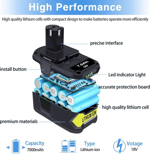 Vista 2 de DTK Batería de repuesto para Ryobi 18V Batería One Plus P102 P103 P104 P105 P107 P108 P109 P190 P122 18V litio ONE+ baterías de repuesto 7.0Ah 2