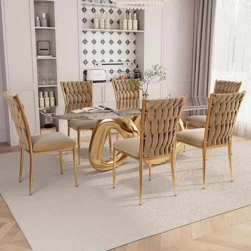 Vista 13 de Juego de 2 sillas de comedor de terciopelo, modernas sillas de cocina tejidas con patas de metal dorado, cojín tapizado con respaldo alto