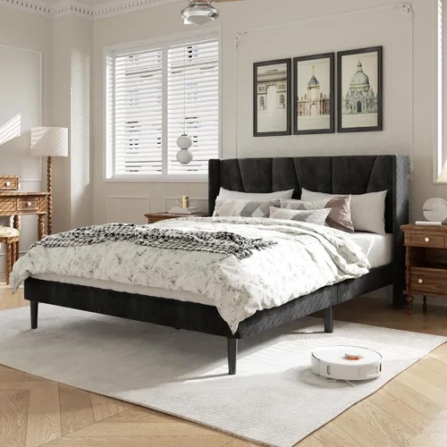 Vista 10 de HAOARA Base de cama tamaño matrimonial con cabecero, bases de cama tapizadas con plataforma de terciopelo, base de colchón contemporánea, Beige