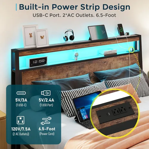 Vista 4 de SADENICEL Base de cama de tamaño matrimonial con almacenamiento, plataforma de cama de madera LED con cabecero, 2 cajones, estación de carga,