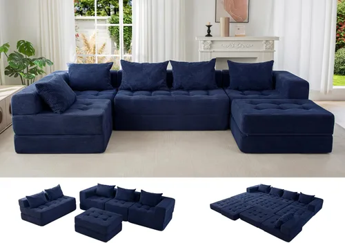 Vista 15 de MAXYOYO Sofá modular seccional, sofá plegable en forma de U con almohadas, sofá tumbona copetudo de 6 asientos sin huesos para sala de estar,