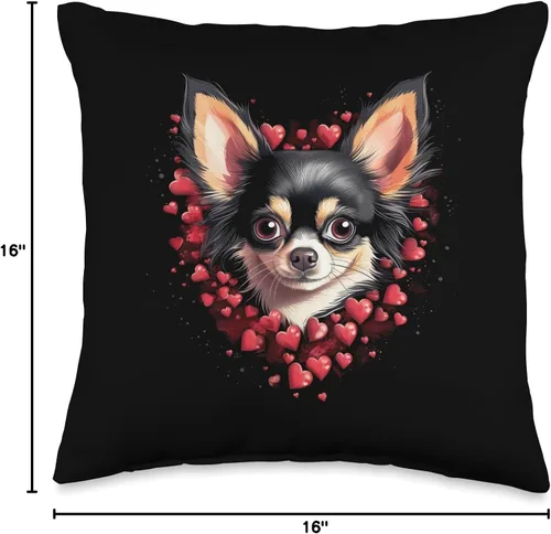 Vista 4 de Funny Dogs Lovers Men Women Kids Cute Gift Ideas Almohada de pelo largo con diseño de chihuahua negro y corazones para amantes de los perros, 16 x