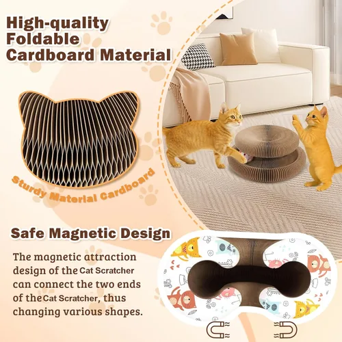 Vista 4 de Tablero rascador plegable con bola de campana, juguete mágico para gatos Marrón (Brown 1Pcs)