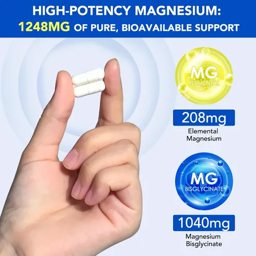 Vista 2 de Glicinato de magnesio puro, suplemento de magnesio, complejo de magnesio para mujeres y hombres, 120 cápsulas, ayuda al alivio del estrés, salud