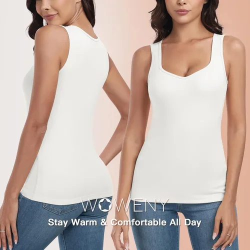 Vista 3 de WOWENY Camiseta sin mangas de forro polar térmico para mujer, sin mangas, cuello corazón, chaleco de invierno, ropa interior, camiseta cálida