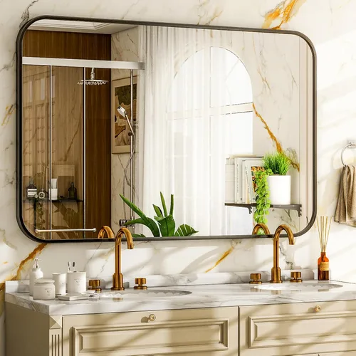 Vista 13 de Espejo de baño negro de 30"x22" - Espejo moderno para pared con esquinas redondeadas, espejos de baño para tocador, espejo enmarcado de aleación