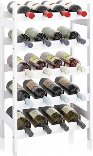 Vista 10 de SMIBUY Estante de bambú para vino, soporte para 20 botellas, estantes de almacenamiento independientes de 5 niveles para cocina, despensa, bodega
