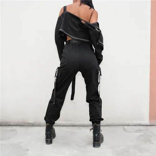 Vista 4 de JEAAMKSSER Pantalones cargo negros de cintura alta para mujer con bolsillos, holgados, color liso, Y2K Streetwear