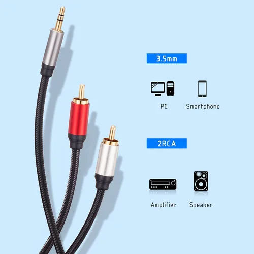 Vista 3 de Cable RCA de 3 pies, 0.138 in macho a 2RCA macho, cable adaptador de audio estéreo de nailon trenzado, cable AUX RCA Y para teléfonos inteligentes