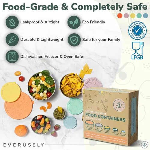 Vista 4 de Recipientes de alimentos de acero inoxidable, cajas de almuerzo de metal, juego de 5, brillantes Everusely lunch containers feature colorful lids