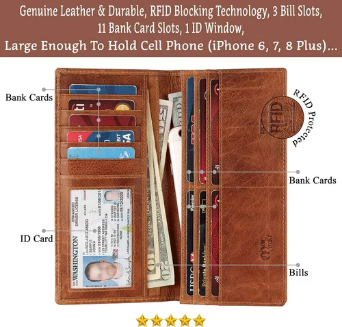 Vista 2 de Mou Meraki Cartera larga plegable de piel auténtica para hombre con bloqueo RFID