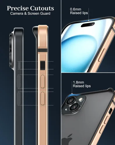 Vista 2 de Funda delgada de metal para iPhone 15, [interior de TPU suave + parachoques chapado en metal] [compatible con carga inalámbrica] a prueba de golpes