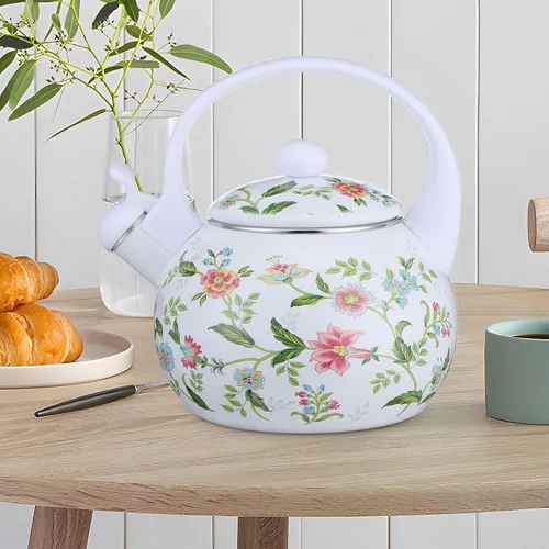 Vista 4 de Tetera esmaltada vintage de 2.3 cuartos de galón, tetera silbante para estufa, tetera esmaltada floral en acero para el hogar, cocina, campamento
