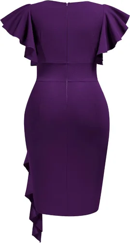 Vista 2 de Miusol Vestido de tubo vintage con cuello en V para mujer, talla grande, manga con volantes, para negocios, cóctel, fiesta