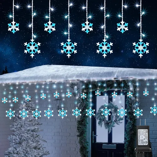 Vista 9 de Luces de Copo de Nieve de Navidad, 10.66 pies, 168 Luces LED de Carámbanos para Exteriores con 14 Gotas, 8 Modos Impermeables Conectables