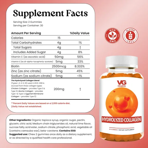 Vista 2 de VITA GLOBE Gomitas de colágeno – 200 mg de colágeno hidrolizado tipos I, II, III, V y X, apoya el cabello, la piel, las uñas, las articulaciones