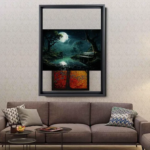 Vista 4 de Snow covered park at midnight with a full moon, watercolor nature art, framed canvas print, framed wall art