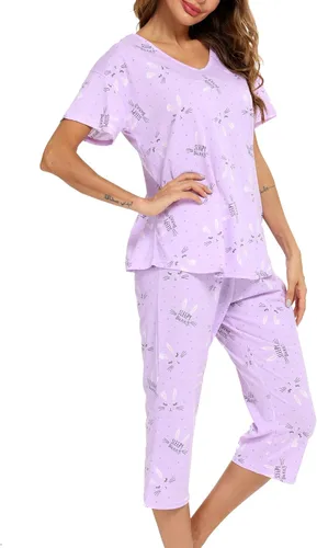 Vista 34 de ENJOYNIGHT Conjuntos de pijama de algodón para mujer, pijamas de verano con pantalones capri, ropa de dormir Gato negro