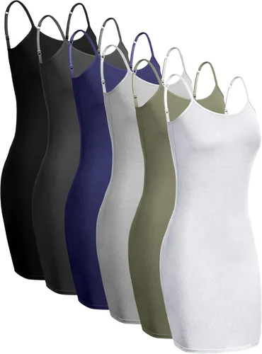 Vista 7 de Geyoga Paquete de 6 vestidos de camisola para mujer, vestido largo sin mangas, tirantes delgados, para debajo de los vestidos, camisolas largas