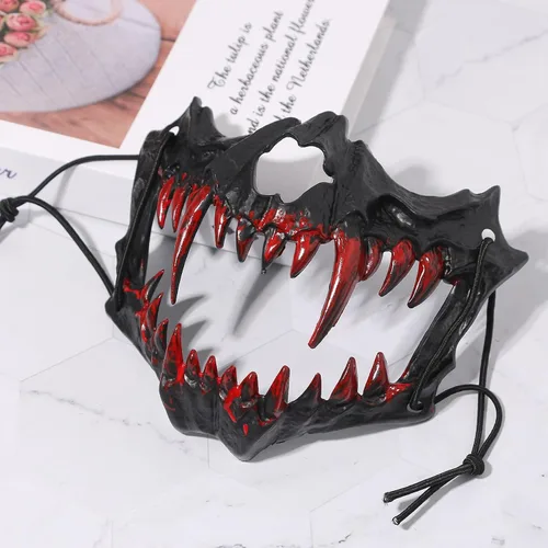 Vista 5 de Aroncent Máscara de media cara de calavera de Halloween con colmillos sangrientos: accesorio de disfraz de mandíbula de esqueleto aterrador