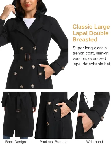 Vista 6 de poonyfesh Gabardina larga impermeable resistente al viento para mujer clásica con solapa de doble botonadura con capucha extraíble
