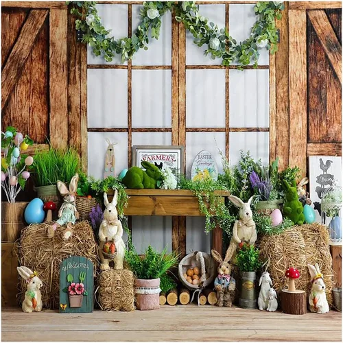 Vista 7 de Kate 7x5ft Feliz Pascua Granja Conejo Decoración Fotografía Fondos de Madera Rústica Casa Huevos Coloridos Haystack Primavera Fondo Fotobatina