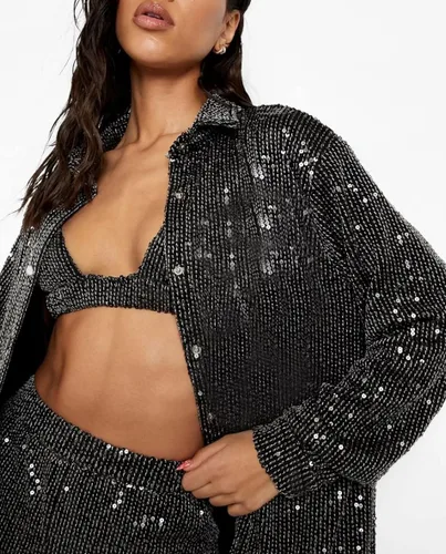 Vista 3 de Conjunto brillante para mujer, blusa de manga larga con lentejuelas, blusa de manga larga, pantalones largos sueltos con purpurina, ropa de fiesta