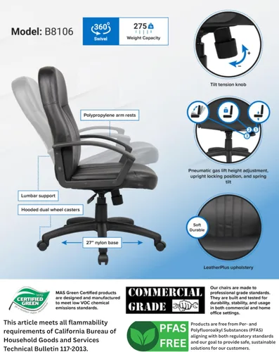 Vista 4 de Boss Office Products B8106 Silla ejecutiva de cuero en negro, respaldo medio