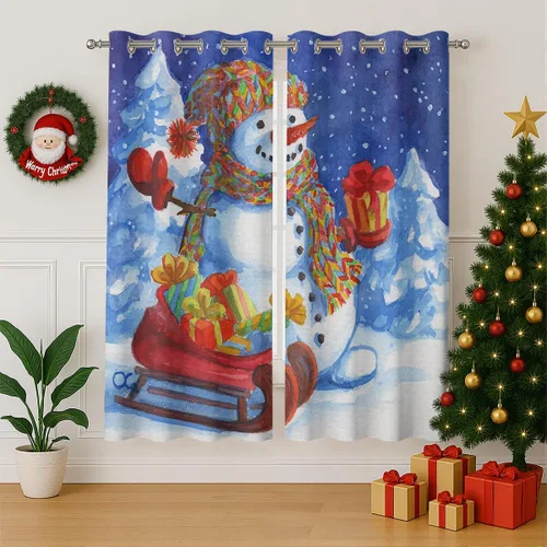 Vista 3 de Cortinas opacas de muñeco de nieve de Navidad para niñas y niños, decoración del hogar, invierno, Papá Noel, trineo, regalo, con ojales, aislamiento