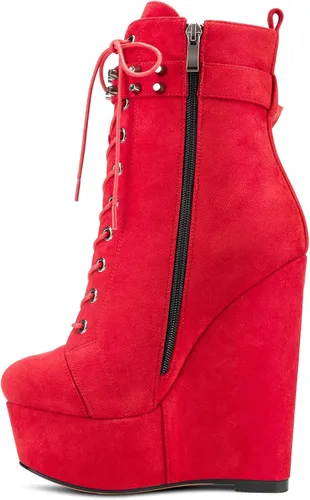 Vista 3 de HDEUOLM Botas de tobillo con tacón de plataforma de cuña alta para mujer, botines cortos con cordones y cremallera