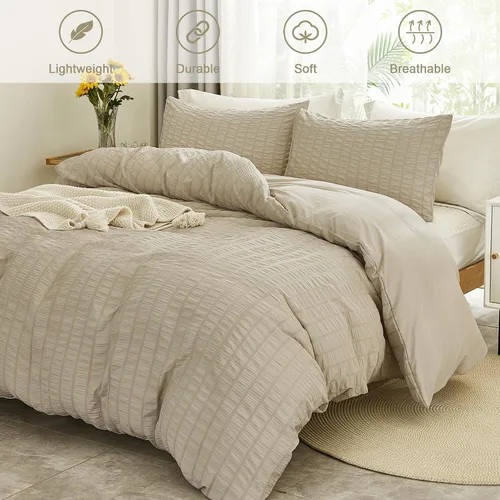 Vista 2 de AveLom - Juego de funda de edredón de 3 piezas, 1 funda de edredón y 2 fundas de almohada, microfibra milrayas suave, con cremallera y lazos en Beige