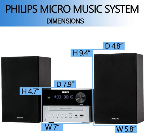 Vista 3 de Philips Sistema estéreo Bluetooth para el hogar con reproductor de CD para el hogar, transmisión inalámbrica, MP3, USB, entrada de audio, radio FM