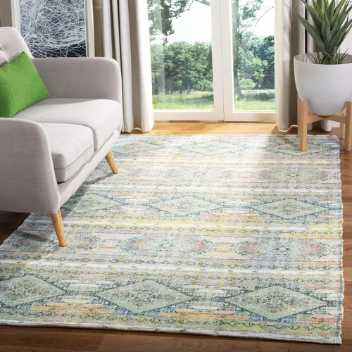 Vista 9 de SAFAVIEH Saffron Collection - Alfombra decorativa de 2 pies 3 pulgadas x 3 pies 9 pulgadas, color crema y azul, hecha a mano de algodón desgastado