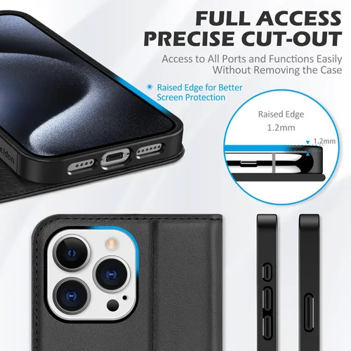Vista 7 de SHIELDON Funda para iPhone 15 Pro Max de 6.7 pulgadas, cartera de cuero genuino [cierre magnético] [ranura para tarjeta de bloqueo RFID]