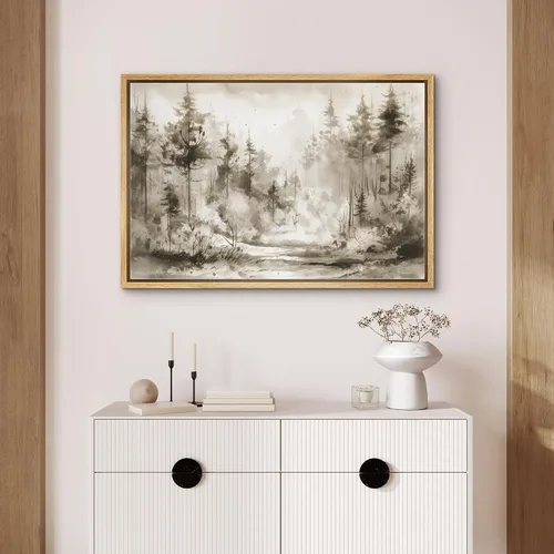 Vista 4 de SIGNFORD Lienzo enmarcado para pared, pinos sepia, bosques, bosques, naturaleza, ilustraciones de área silvestre, arte digital, arte moderno