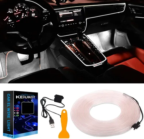 Vista 10 de Luces de cable EL para el interior del coche, luz de panel azul neón de 16 pies/5 m, tira de luz LED para coche, USB 5V, decoración Corte a